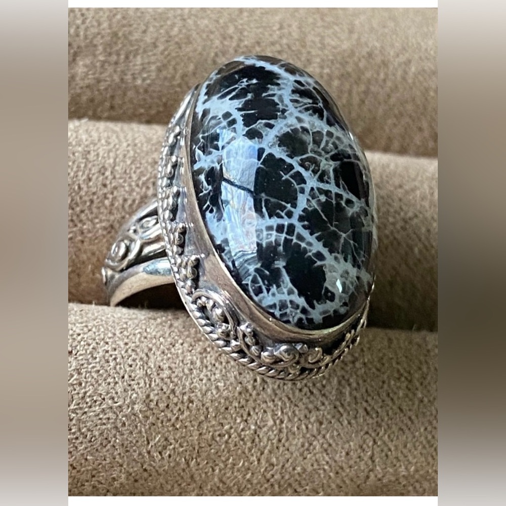 NEW Sarda Oval Cabochon Indonesian Black Coral Silver Ring